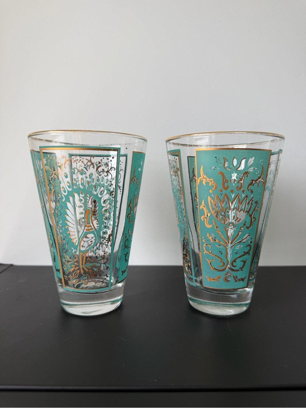 Vintage Dominion Glass Tumblers, Gold & Teal Peacock Design, Set of 2